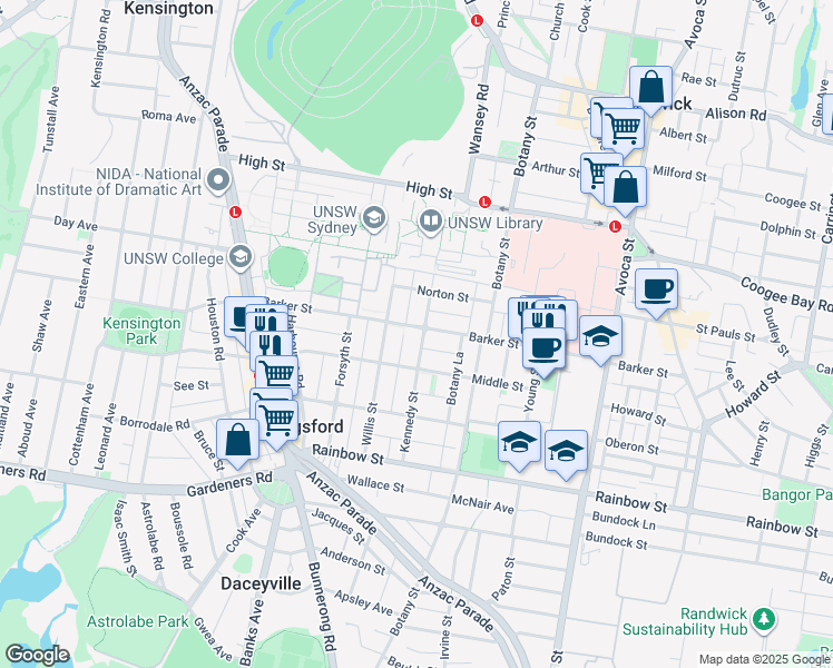 map of restaurants, bars, coffee shops, grocery stores, and more near 22 Kennedy Street in Kingsford