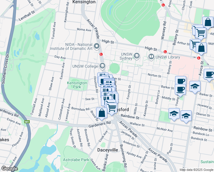 map of restaurants, bars, coffee shops, grocery stores, and more near 398 Anzac Parade in Kingsford