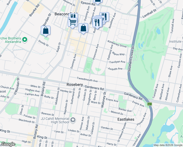 map of restaurants, bars, coffee shops, grocery stores, and more near Harcourt Parade in Rosebery