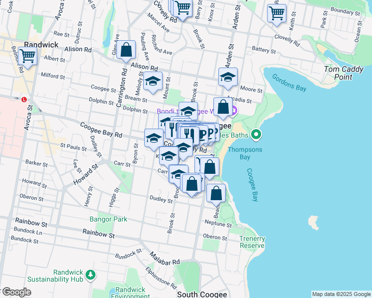map of restaurants, bars, coffee shops, grocery stores, and more near 201 Coogee Bay Road in Coogee