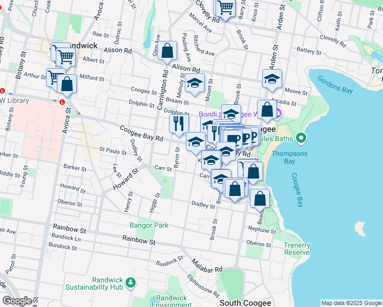 map of restaurants, bars, coffee shops, grocery stores, and more near 88 Mount Street in Coogee