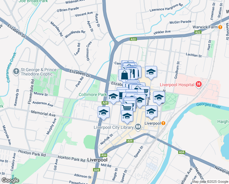 map of restaurants, bars, coffee shops, grocery stores, and more near Castlereagh Street in Liverpool