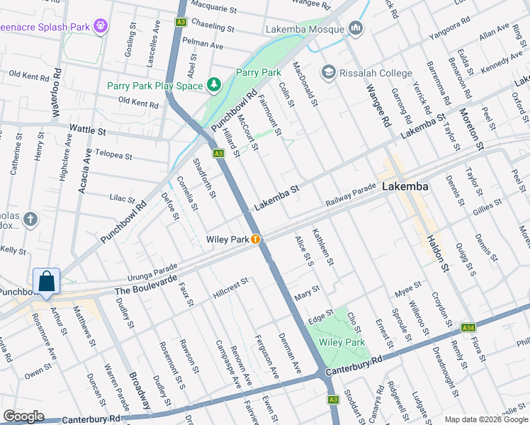 map of restaurants, bars, coffee shops, grocery stores, and more near 278 Lakemba Street in Wiley Park