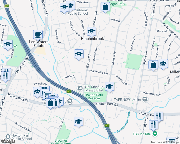 map of restaurants, bars, coffee shops, grocery stores, and more near 42 Frigate-Bird Avenue in Hinchinbrook