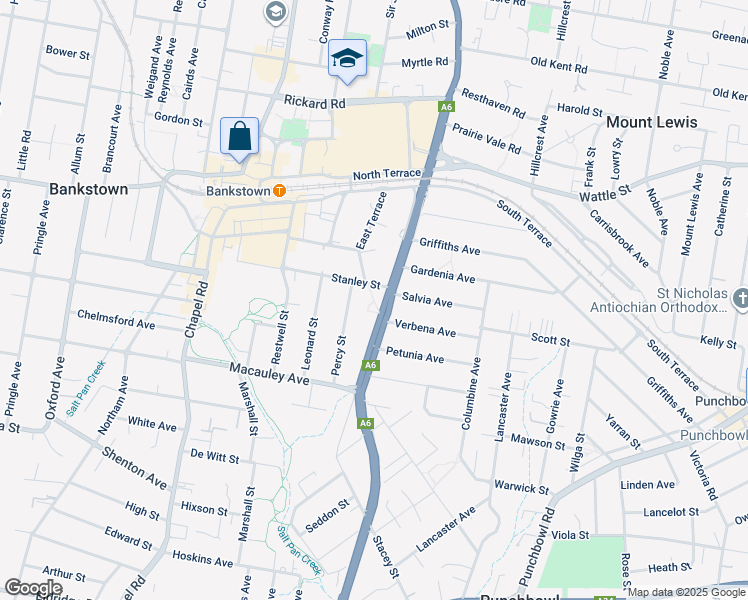 map of restaurants, bars, coffee shops, grocery stores, and more near 170 Stacey Street in Bankstown