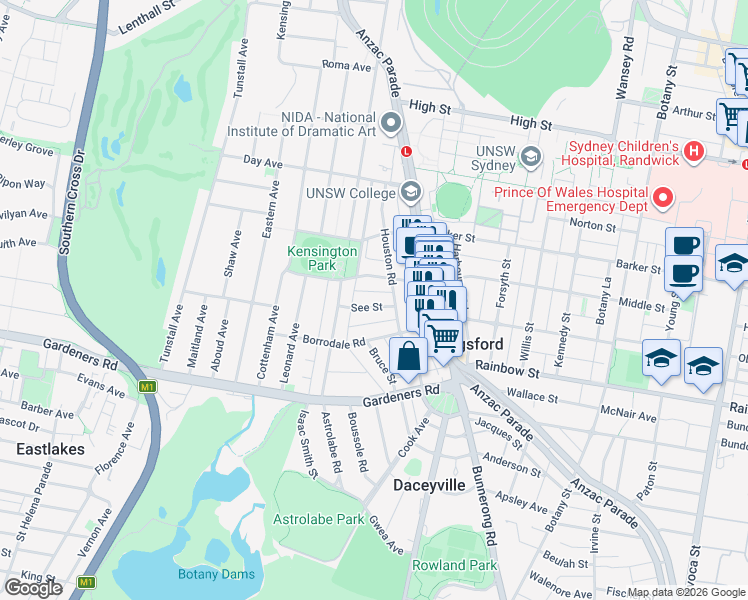 map of restaurants, bars, coffee shops, grocery stores, and more near 16 See Street in Kingsford
