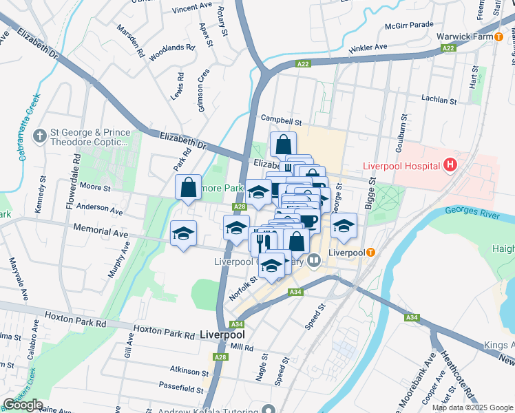 map of restaurants, bars, coffee shops, grocery stores, and more near Castlereagh Street in Liverpool