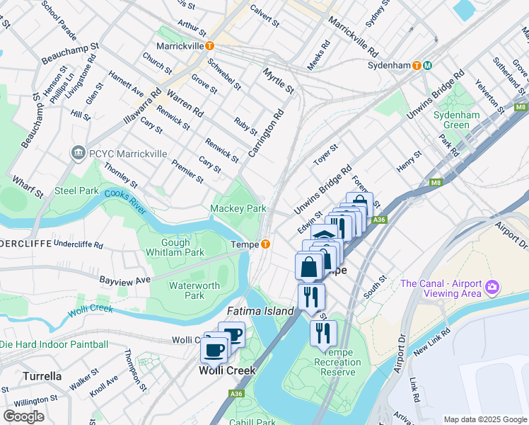 map of restaurants, bars, coffee shops, grocery stores, and more near Richardsons Crescent in Marrickville