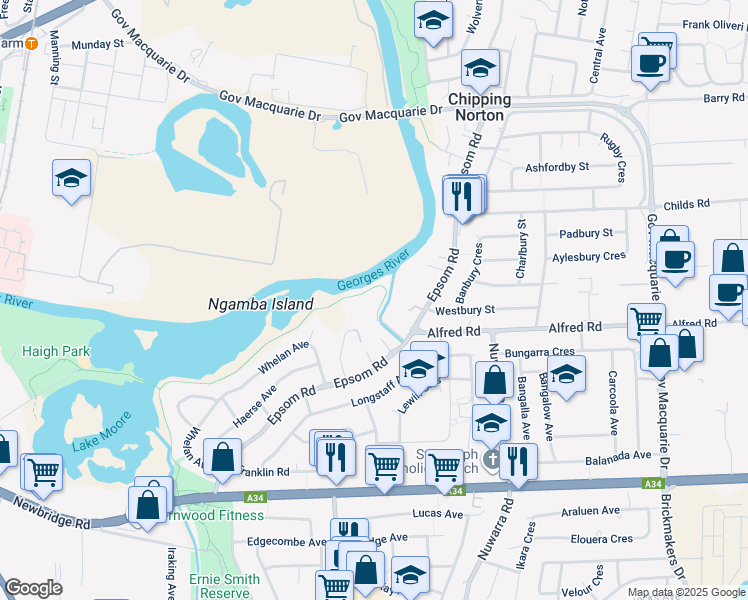 map of restaurants, bars, coffee shops, grocery stores, and more near 219 Epsom Road in Chipping Norton