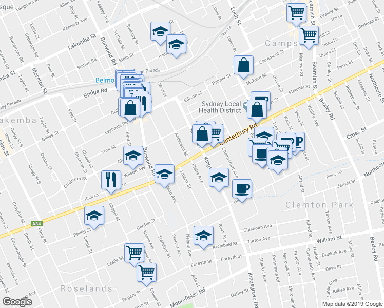 map of restaurants, bars, coffee shops, grocery stores, and more near 657 Canterbury Road in Belmore