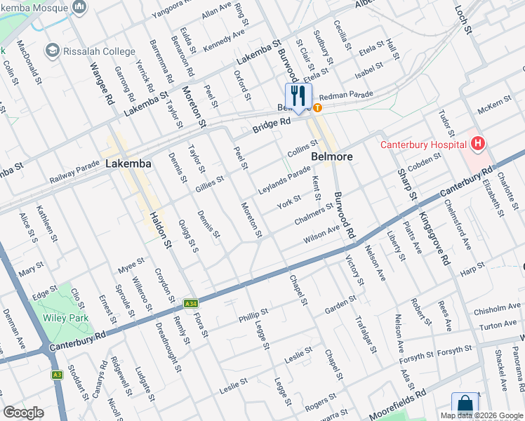 map of restaurants, bars, coffee shops, grocery stores, and more near 49 York Street in Belmore