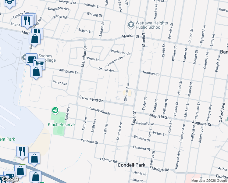 map of restaurants, bars, coffee shops, grocery stores, and more near 8 Lee Street in Condell Park