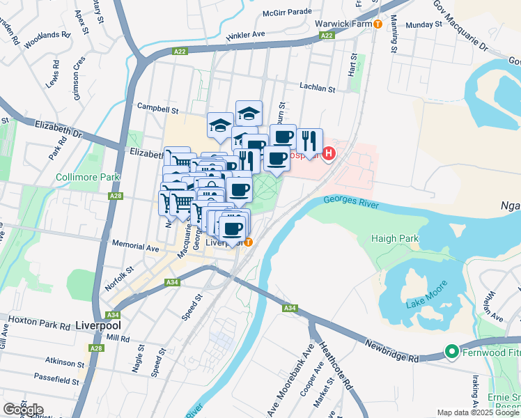 map of restaurants, bars, coffee shops, grocery stores, and more near 124 Bigge Street in Liverpool