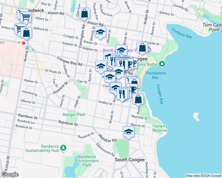 map of restaurants, bars, coffee shops, grocery stores, and more near 20 Carr Street in Coogee