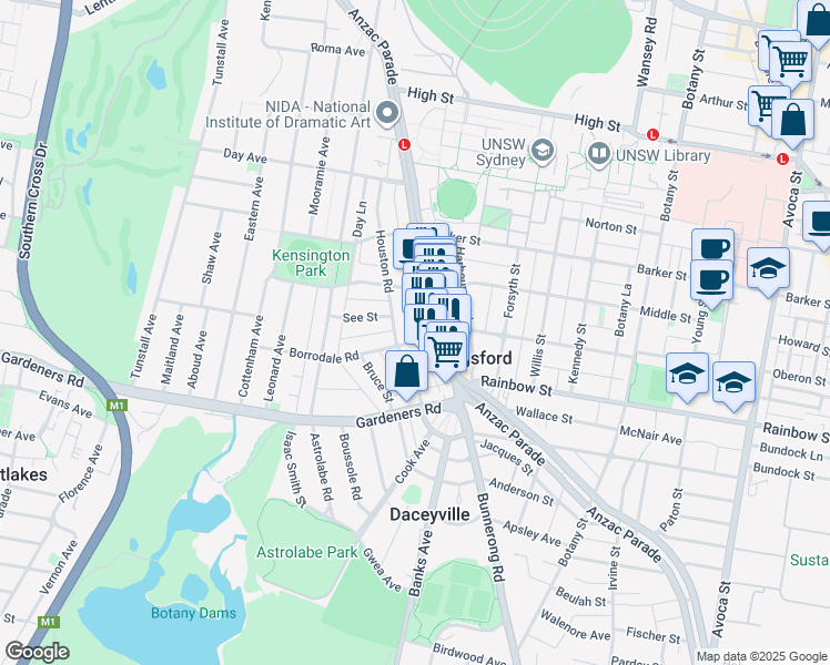 map of restaurants, bars, coffee shops, grocery stores, and more near 44-46 Borrodale Road in Kingsford