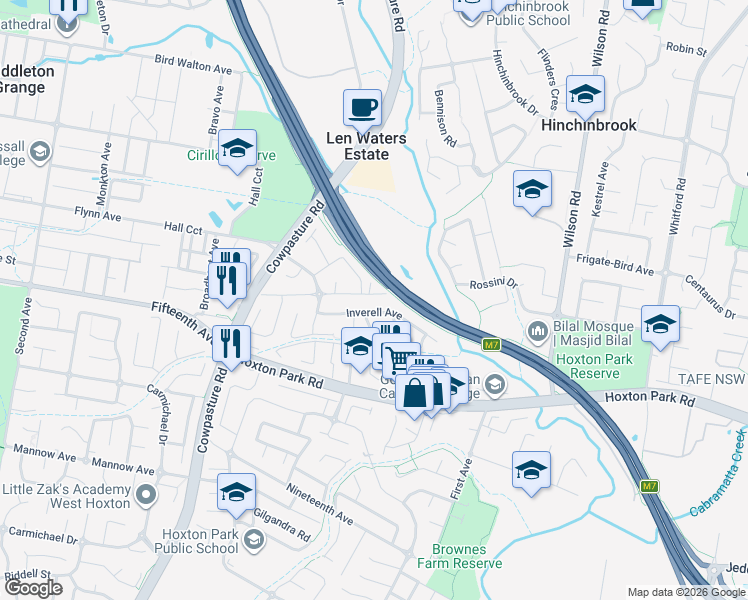 map of restaurants, bars, coffee shops, grocery stores, and more near 49 Government Road in Hinchinbrook