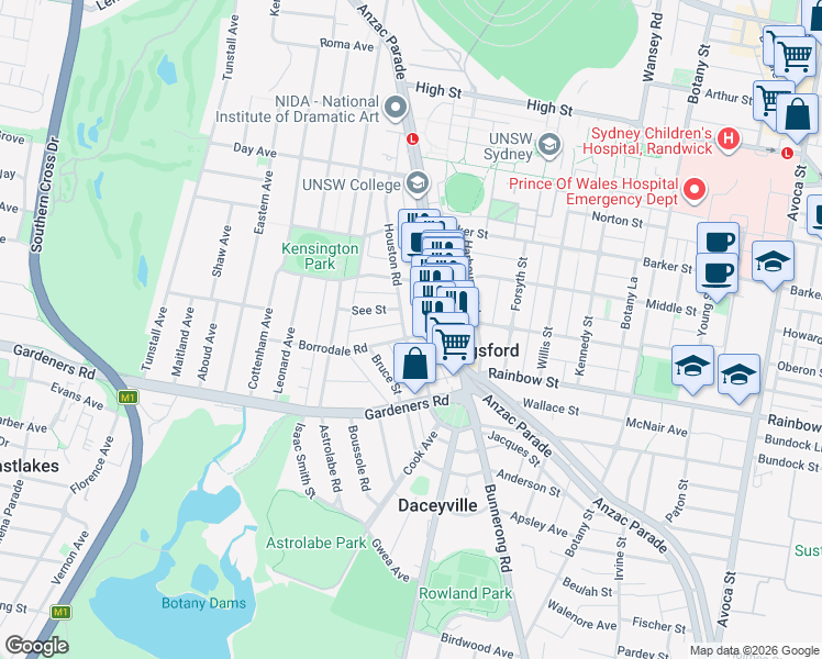 map of restaurants, bars, coffee shops, grocery stores, and more near 62 Houston Road in Kingsford