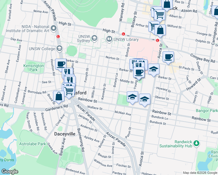 map of restaurants, bars, coffee shops, grocery stores, and more near 56 Meeks Street in Kingsford