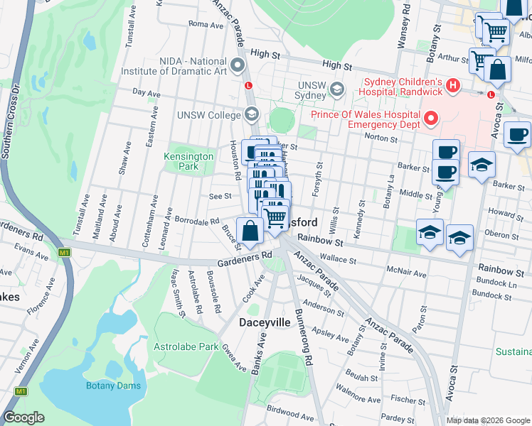 map of restaurants, bars, coffee shops, grocery stores, and more near 333 Anzac Parade in Kingsford