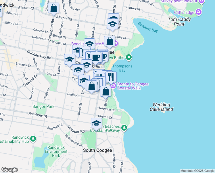 map of restaurants, bars, coffee shops, grocery stores, and more near 62 Carr Street in Coogee