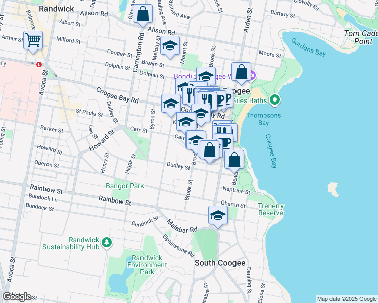 map of restaurants, bars, coffee shops, grocery stores, and more near 27 Berwick Street in Coogee