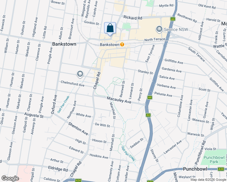 map of restaurants, bars, coffee shops, grocery stores, and more near Vimy Street in Bankstown