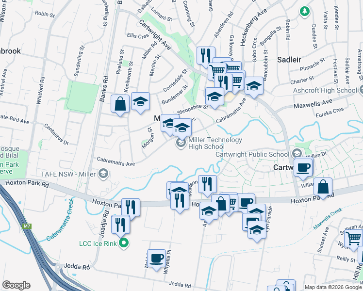 map of restaurants, bars, coffee shops, grocery stores, and more near 58 Cabramatta Avenue in Miller