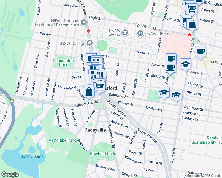 map of restaurants, bars, coffee shops, grocery stores, and more near 50 Forsyth Street in Kingsford
