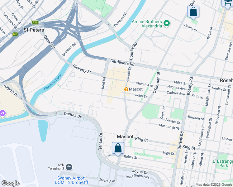 map of restaurants, bars, coffee shops, grocery stores, and more near 256b Coward Street in Mascot