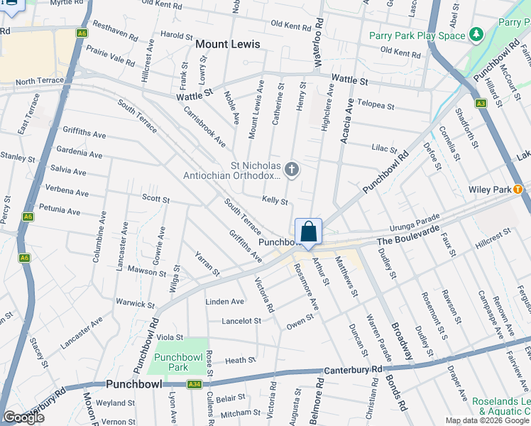 map of restaurants, bars, coffee shops, grocery stores, and more near 54 Kelly Street in Punchbowl