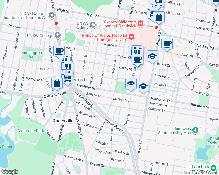 map of restaurants, bars, coffee shops, grocery stores, and more near 62-64 Rainbow Street in Kingsford