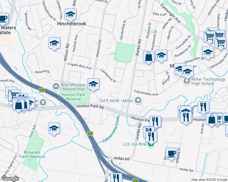 map of restaurants, bars, coffee shops, grocery stores, and more near 86 Corvus Road in Hinchinbrook