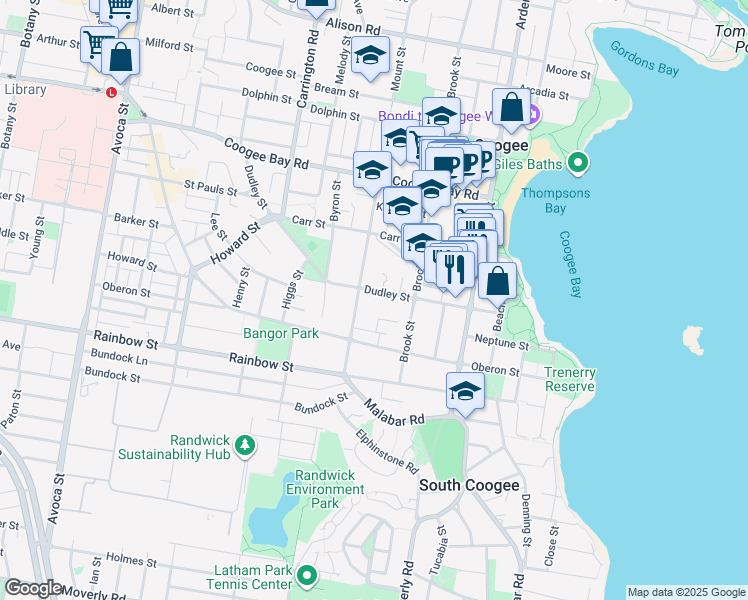 map of restaurants, bars, coffee shops, grocery stores, and more near 60 Dudley Street in Coogee