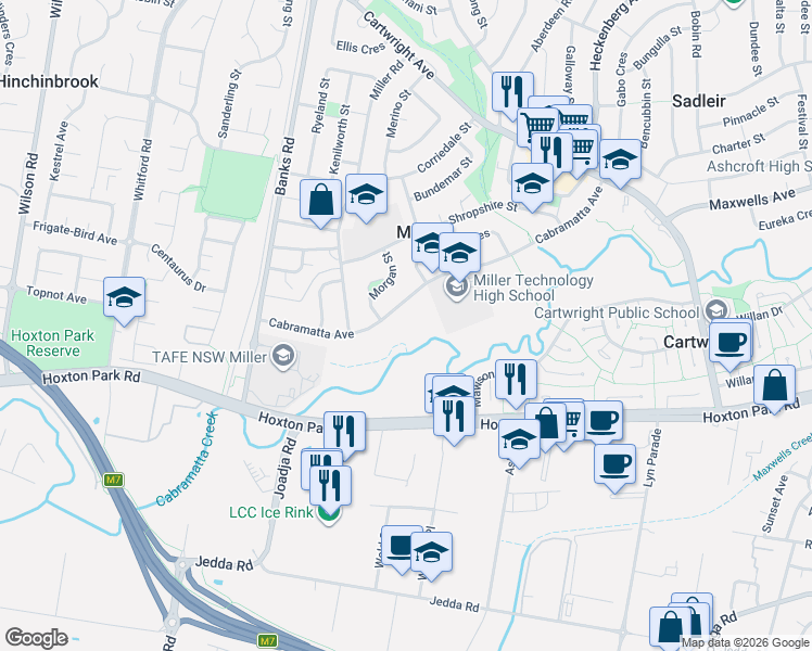 map of restaurants, bars, coffee shops, grocery stores, and more near 56 Cabramatta Avenue in Miller