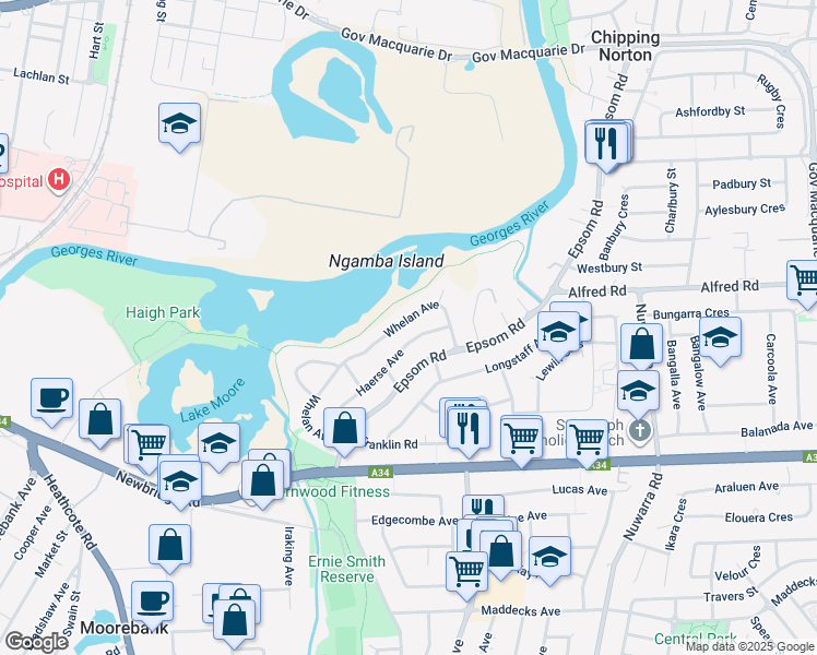 map of restaurants, bars, coffee shops, grocery stores, and more near 20 Whelan Avenue in Chipping Norton