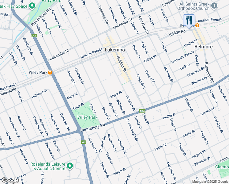 map of restaurants, bars, coffee shops, grocery stores, and more near 11 Myee Street in Lakemba