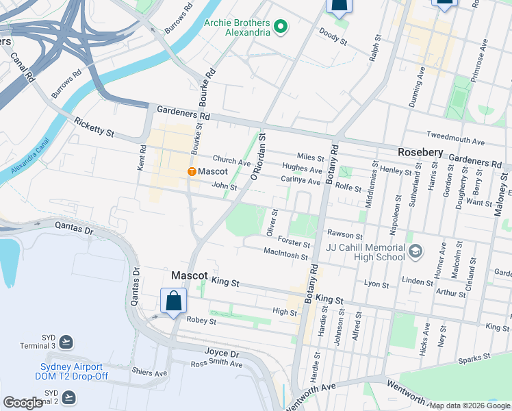 map of restaurants, bars, coffee shops, grocery stores, and more near Coward Street in Mascot