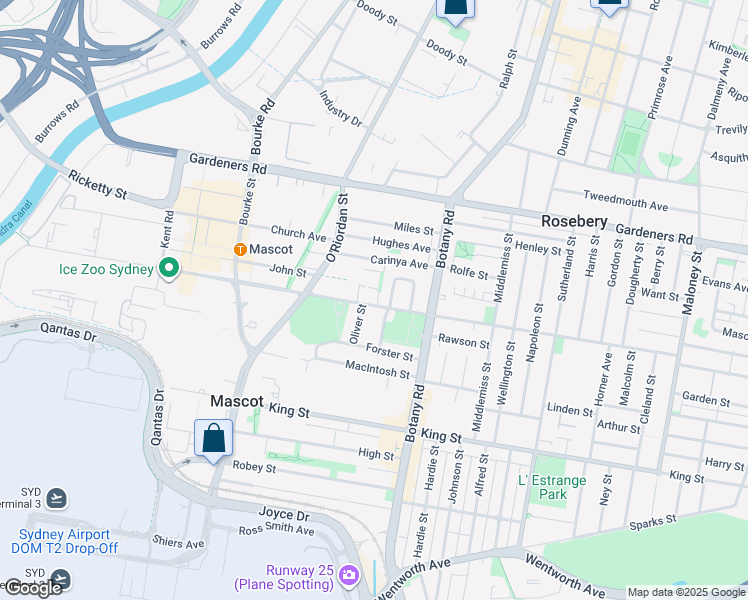 map of restaurants, bars, coffee shops, grocery stores, and more near 168 Coward Street in Mascot