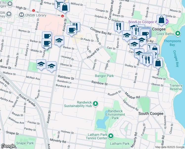 map of restaurants, bars, coffee shops, grocery stores, and more near 33 Creer Street in Randwick