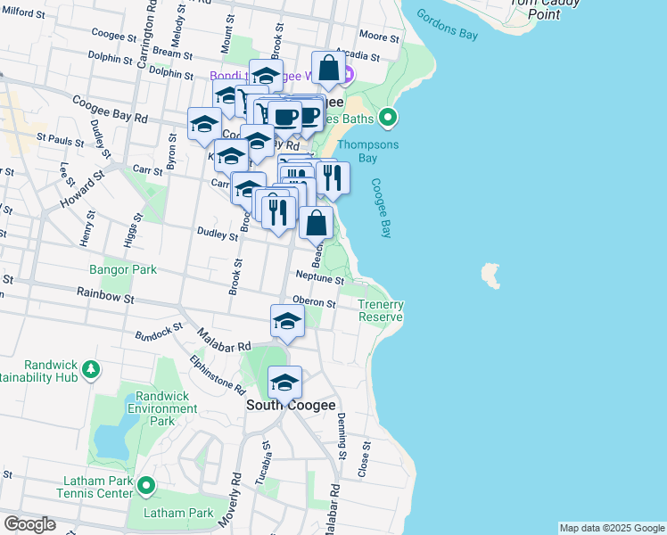 map of restaurants, bars, coffee shops, grocery stores, and more near 151-191R Beach Street in Coogee