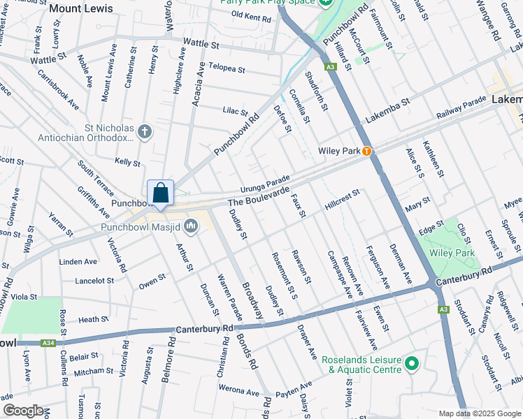 map of restaurants, bars, coffee shops, grocery stores, and more near 38 Rosemont Street South in Punchbowl