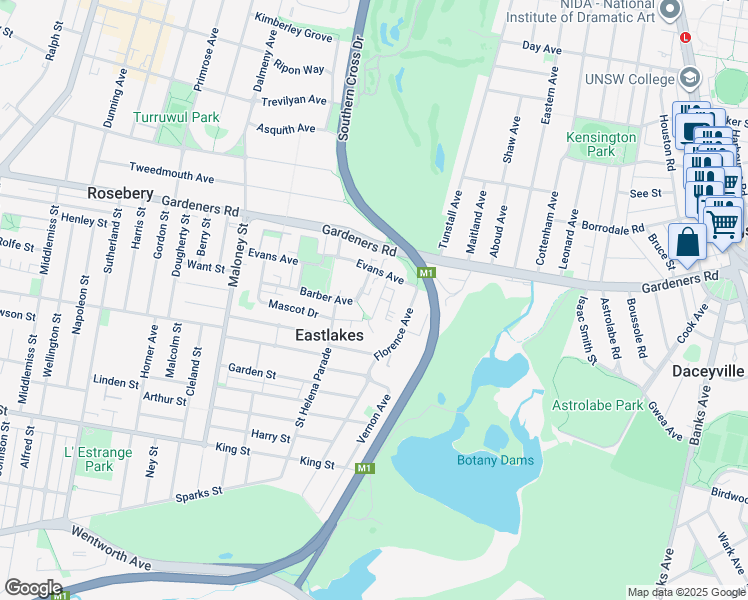 map of restaurants, bars, coffee shops, grocery stores, and more near 35 Mascot Drive in Eastlakes