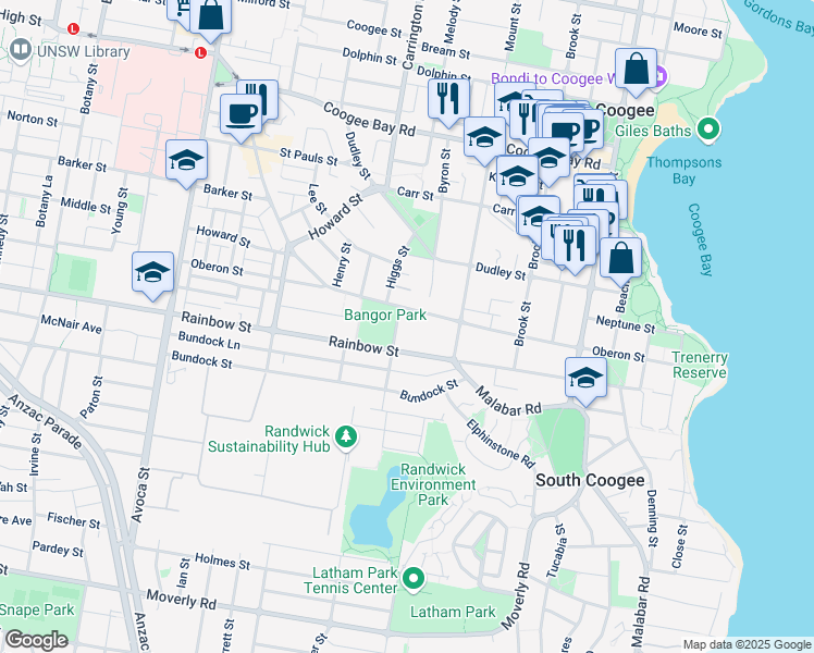 map of restaurants, bars, coffee shops, grocery stores, and more near 3 Hendy Avenue in Coogee