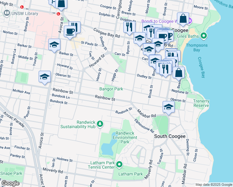 map of restaurants, bars, coffee shops, grocery stores, and more near 7 Hendy Avenue in Coogee