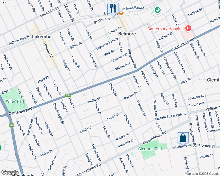 map of restaurants, bars, coffee shops, grocery stores, and more near 19 Chapel Street in Roselands