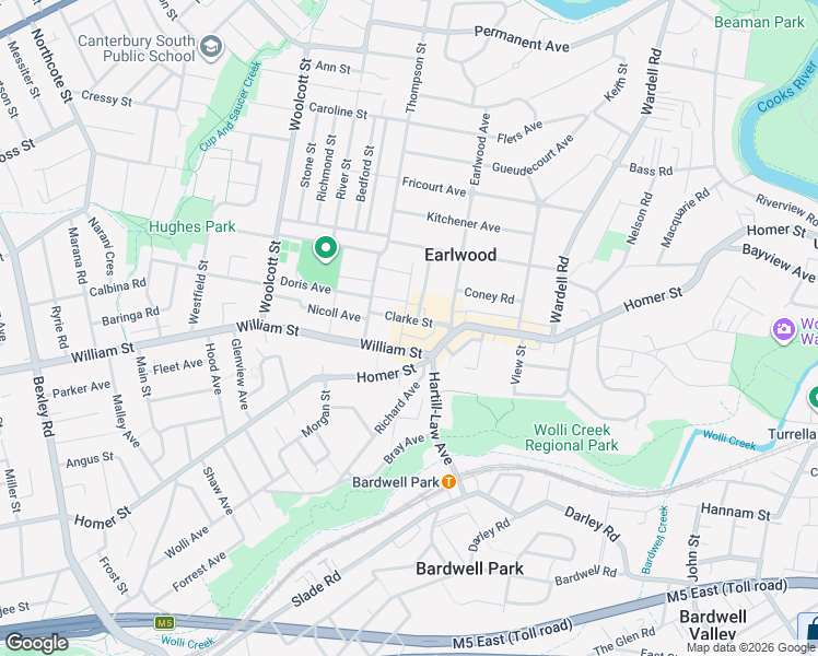 map of restaurants, bars, coffee shops, grocery stores, and more near 20 Clarke Street in Earlwood