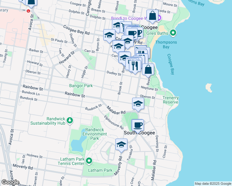 map of restaurants, bars, coffee shops, grocery stores, and more near 198 Oberon Street in Coogee