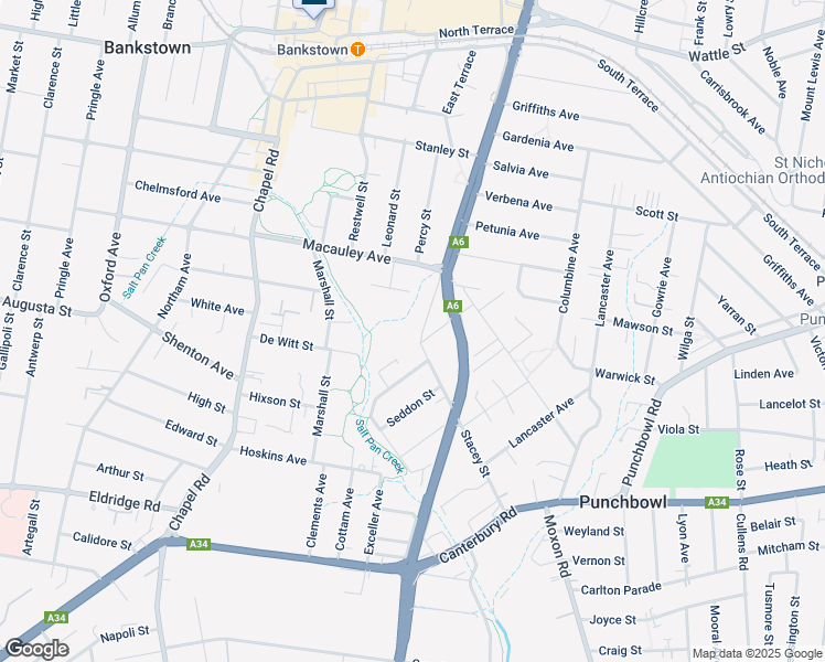 map of restaurants, bars, coffee shops, grocery stores, and more near 84 Stacey Street in Bankstown