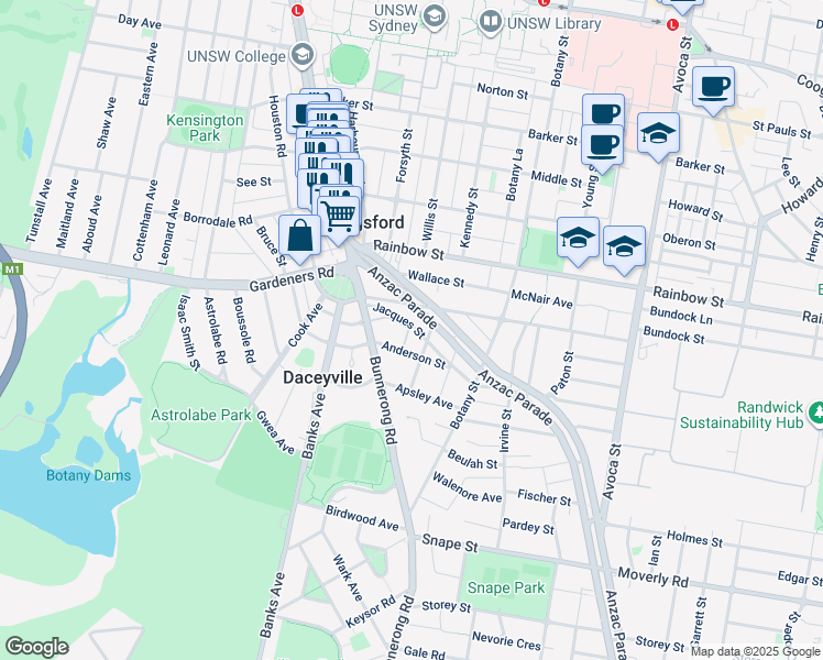 map of restaurants, bars, coffee shops, grocery stores, and more near 6A Jacques Street in Kingsford