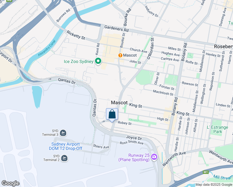 map of restaurants, bars, coffee shops, grocery stores, and more near 191-203 O'Riordan Street in Mascot